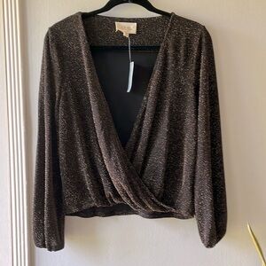 NWT! Anthropologie•If By Sea•Gold Lamé Wrap Front Blouse•sz XSP